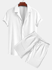 Muscle Fit Ribbed Deep Cuban Shirt & Drawstring Ribbed Shorts