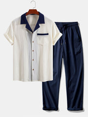 Textured Contrast Cuban Shirt & Straight Leg Pants