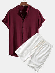 Linen And Rayon Blend Stand Collar Shirt & Linen Cotton Blend 11" Shorts