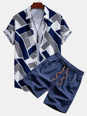 Color Block Geometry Print Button Up Shirt & Swim Shorts
