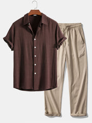 Linen Rayon Blend Button Up Shirt & Wrinkle Textured Straight Leg Pants