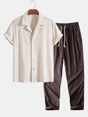 Knitted Geometric Rhombus Jacquard Cuban Shirt & Straight Leg Linen Pants