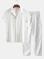 Muscle Fit Diamond Texture Cuban Shirt & Straight Leg Linen Pants