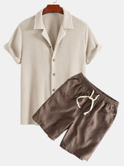 Textured Cuban Shirt & Linen Cotton Blend Drawstring Shorts