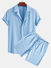 Muscle Fit Ribbed Deep Cuban Shirt & Drawstring Ribbed Shorts