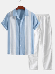Linen Look Patchwork Bowling Shirt & Straight Leg Linen Pants