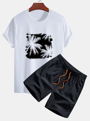 Regular Fit Palm Trees Silhouette Print Cotton T-Shirt & Swim Shorts
