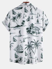 Island Sailing Print Button Up Shirt & Solid Drawstring Swim Shorts