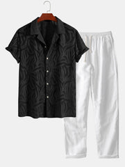 Jacquard Texture Cuban Shirt & Straight Leg Linen Pants