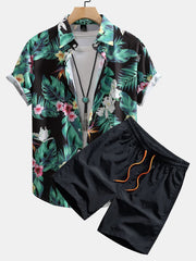 Tropical Flowers Print Button Up Shirt & Swim Shorts