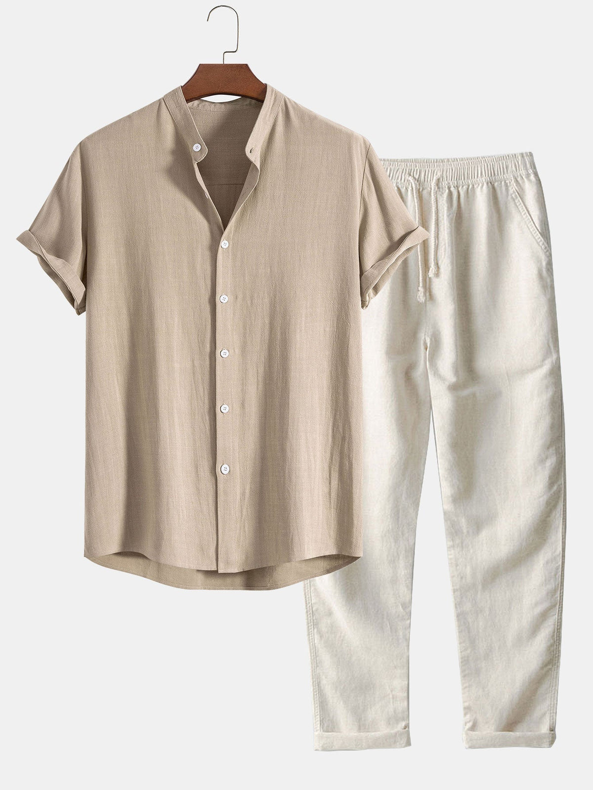 Linen And Rayon Blend Stand Collar Shirt & Straight Leg Linen Pants
