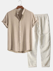 Linen And Rayon Blend Stand Collar Shirt & Straight Leg Linen Pants