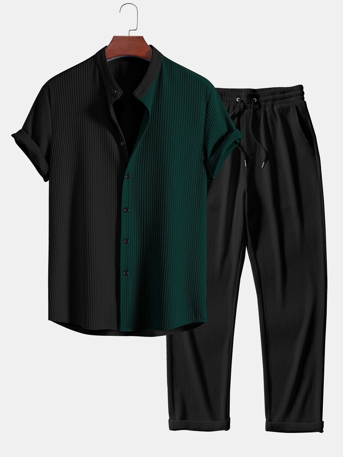 Two Tone Muscle Fit Ribbed Stand Collar Shirt & Straight Leg Ribbed Pants