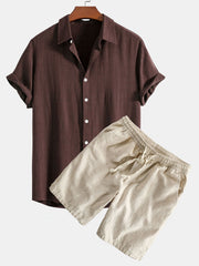 Linen Rayon Blend Button Up Shirt & Linen Cotton Blend Drawstring Shorts