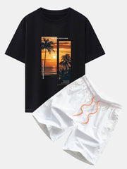 Palm Trees Landscape Slogan Print Oversize T-Shirt & Swim Shorts