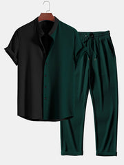 Two Tone Muscle Fit Ribbed Stand Collar Shirt & Straight Leg Ribbed Pants