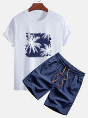 Regular Fit Palm Trees Silhouette Print Cotton T-Shirt & Swim Shorts