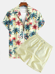 Relax Fit Flamingo  Tropical Palm Tree Print Button Up Shirt & Swim Short