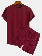 Striped Towelling Texture Arc Hem T-Shirt & Shorts