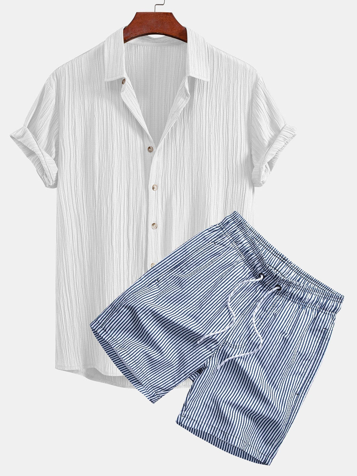 Wrinkled Textured Button Up Shirt & Stripe Print Swim Shorts