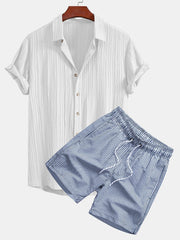 Wrinkled Textured Button Up Shirt & Stripe Print Swim Shorts