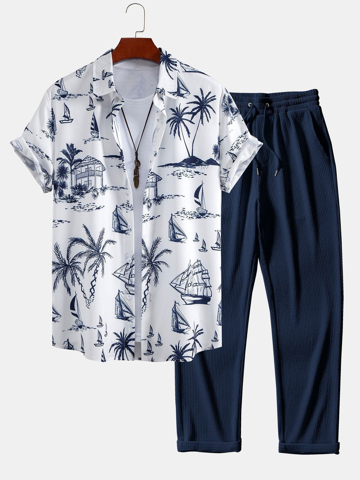 Island Sailing Print Button Up Shirt & Straight Leg Ribbed Pants