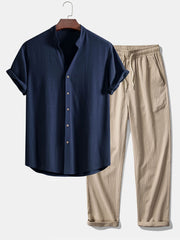 Short Sleeve V Neck Linen Rayon Blend Shirt & Wrinkle Textured Straight Leg Pants