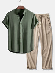 Short Sleeve V Neck Linen Rayon Blend Shirt & Wrinkle Textured Straight Leg Pants