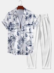 Island Sailing Print Button Up Shirt & Straight Leg Ribbed Pants