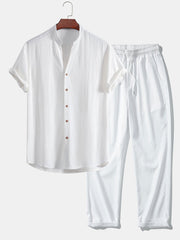 Short Sleeve V Neck Linen Rayon Blend Shirt & Wrinkle Textured Straight Leg Pants