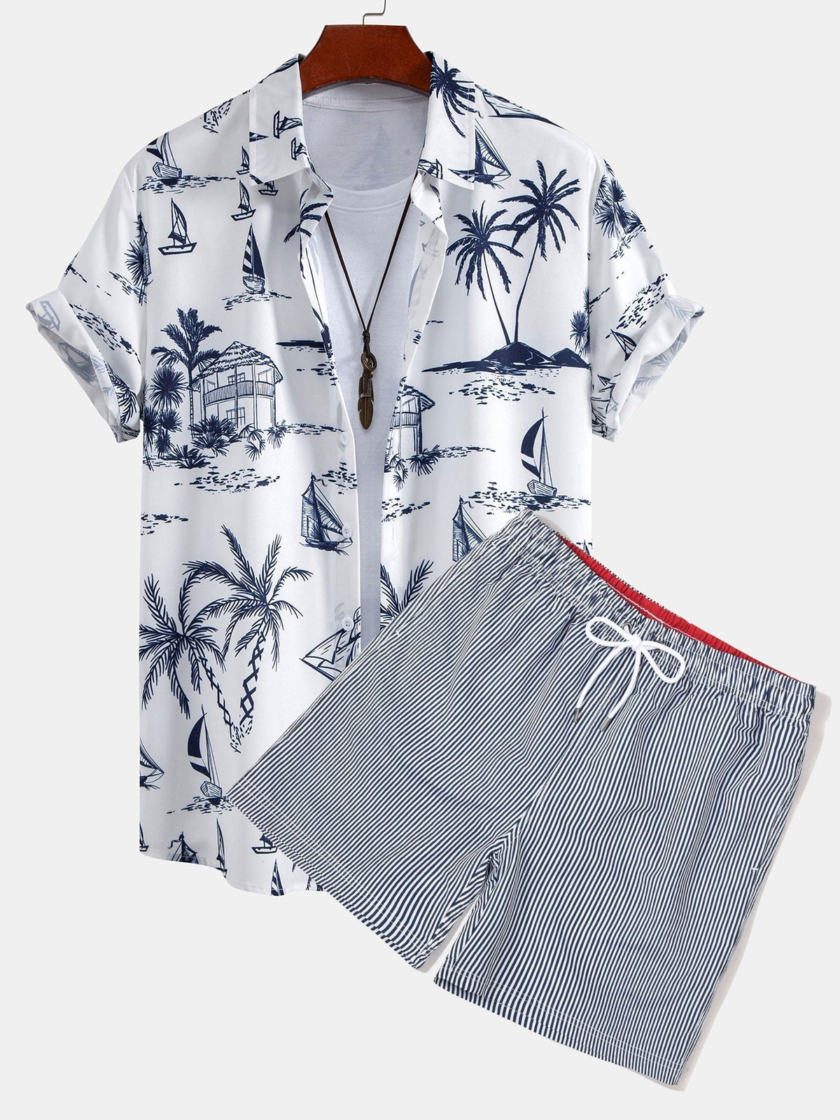 Island Sailing Print Button Up Shirt & Vertical Striped Drawstring Swim Shorts