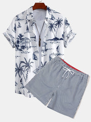 Island Sailing Print Button Up Shirt & Vertical Striped Drawstring Swim Shorts