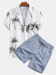 Palm Tree Print Button Up Shirt & Stripe Print Swim Shorts