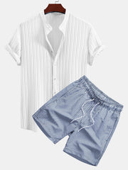 Textured Stand Collar Shirt & Stripe Print Swim Shorts