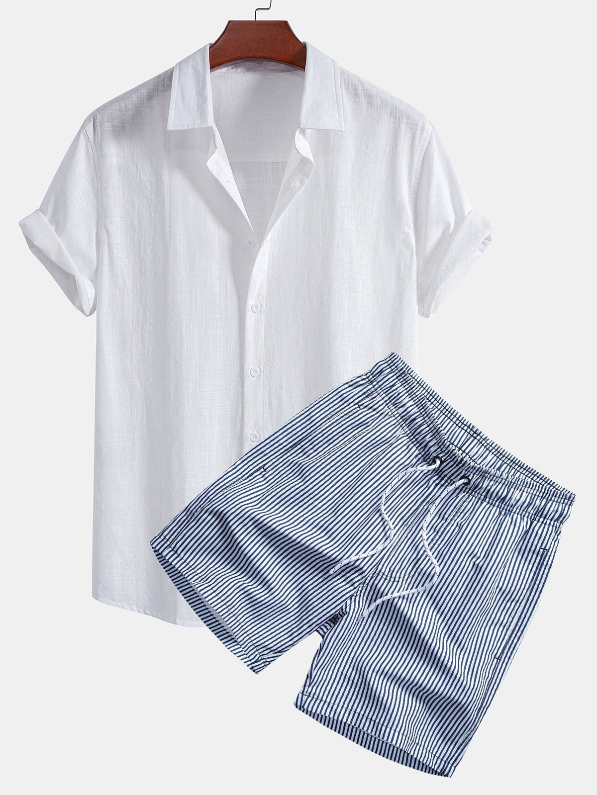 Linen Look Cotton Button Up Shirt & Stripe Print Swim Shorts