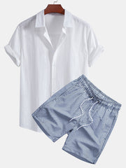 Linen Look Cotton Button Up Shirt & Stripe Print Swim Shorts