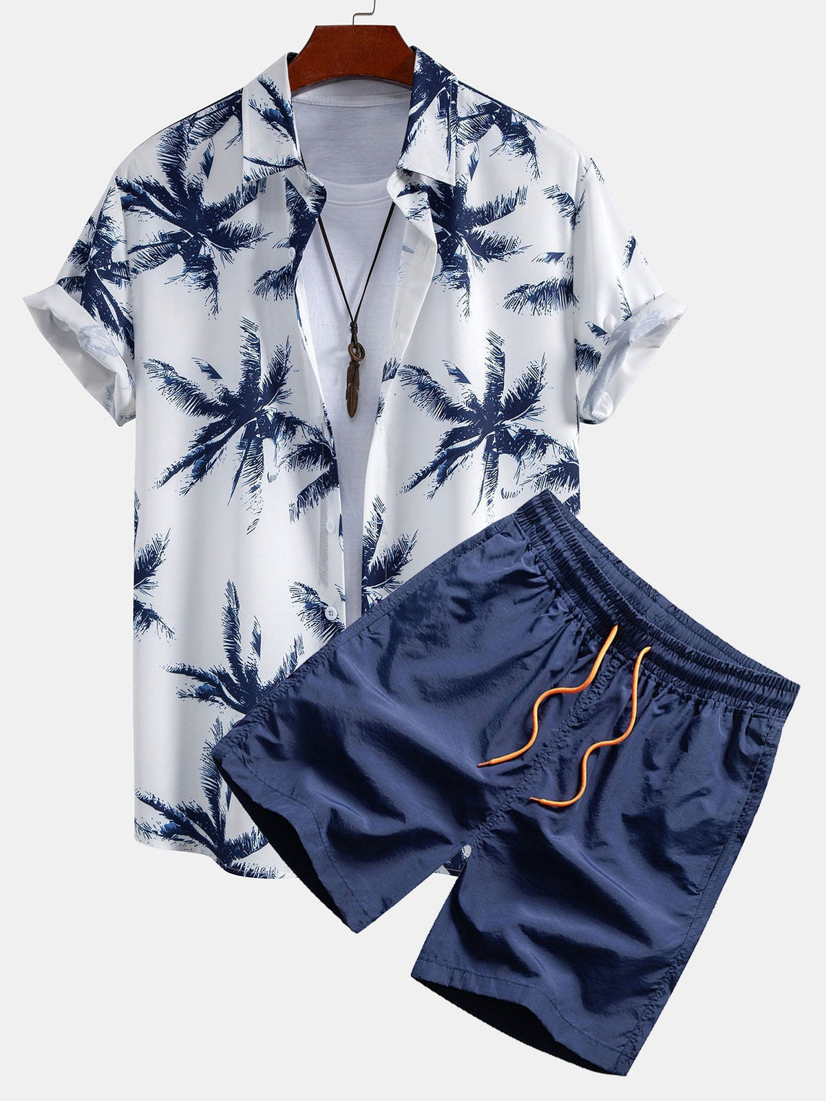 Palm Tree Print Button Up Shirt & Man Mid Length Drawstring Swim Shorts