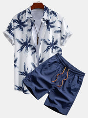Palm Tree Print Button Up Shirt & Man Mid Length Drawstring Swim Shorts
