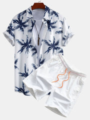 Palm Tree Print Button Up Shirt & Man Mid Length Drawstring Swim Shorts
