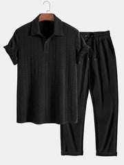 Short Sleeve Jacquard Polo & Straight Leg Ribbed Pants
