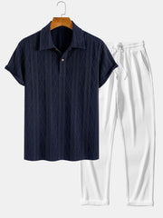 Knitted Geometric Rhombus Jacquard Polo & Straight Leg Ribbed Pants