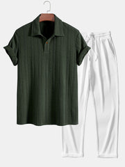 Short Sleeve Jacquard Polo & Straight Leg Ribbed Pants