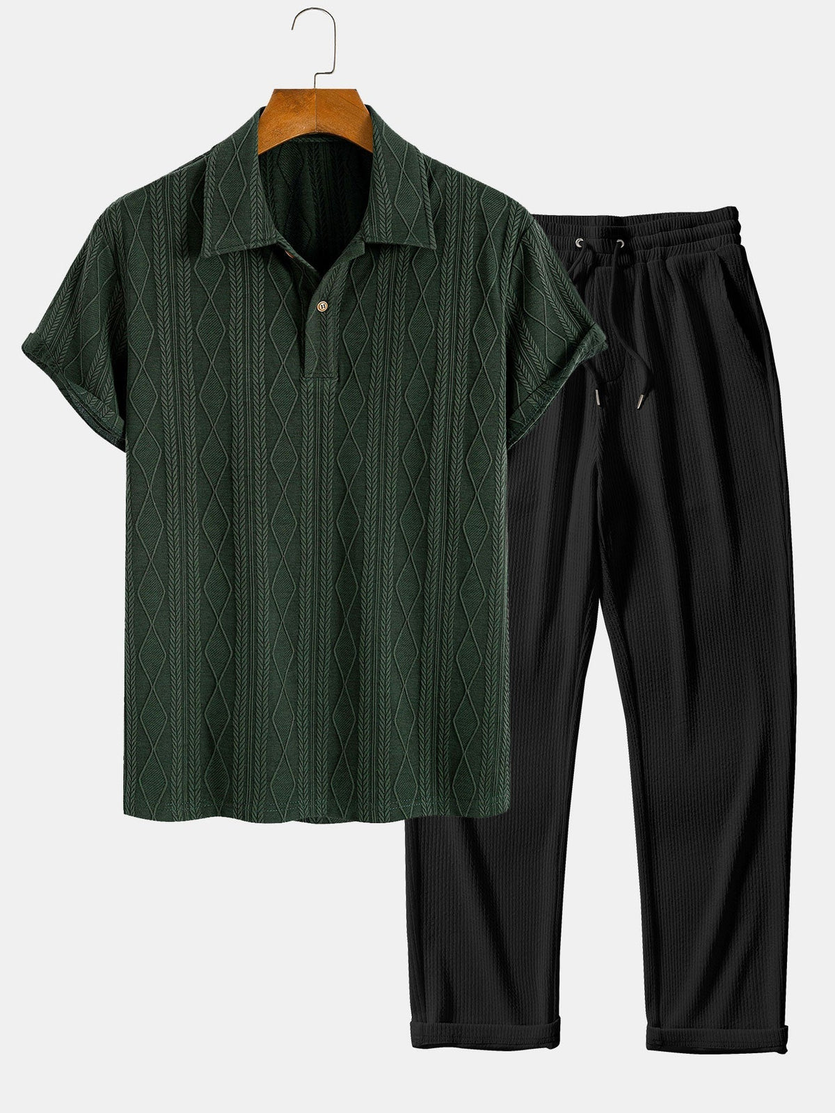 Knitted Geometric Rhombus Jacquard Polo & Straight Leg Ribbed Pants