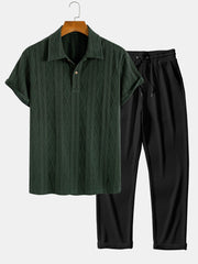 Knitted Geometric Rhombus Jacquard Polo & Straight Leg Ribbed Pants