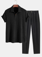 Short Sleeve Jacquard Polo & Slim Fit Cropped Tapered Pants