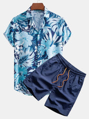 Musical Instrument Tropical Print Button Up Shirt & Swim Shorts