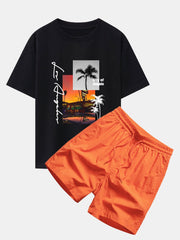 Los Angeles Scenery Print Drop Shoulder Oversize T-Shirt & Swim Shorts