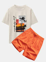 Los Angeles Scenery Print Drop Shoulder Oversize T-Shirt & Swim Shorts