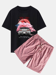 Tokyo Cherry Blossoms Car Print Drop Shoulder Oversize T-Shirt & Corduroy Drawstring Shorts