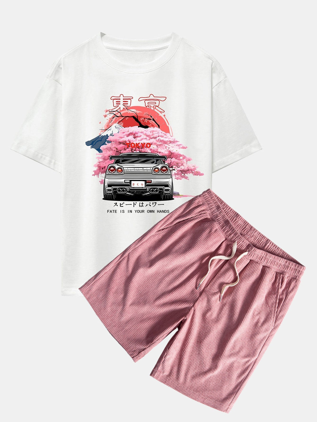 Tokyo Cherry Blossoms Car Print Drop Shoulder Oversize T-Shirt & Corduroy Drawstring Shorts
